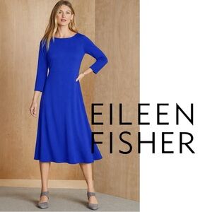 Eileen Fisher Blue Viscose Jersey Bateau Neck Midi Dress XXS Long Sleeve